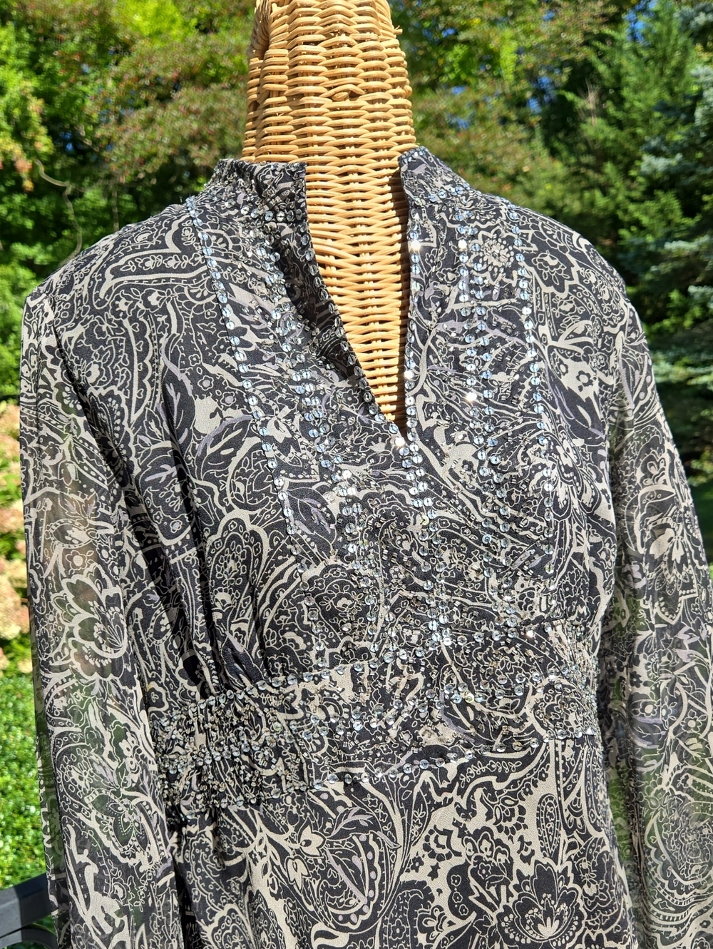 Vintage Black & White Paisley V-Neck Women's Jacket With Sequin Detail